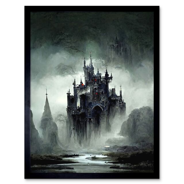 "Artery8 Wall Art Print Dark Gothic Castle Fantasy Landscape Art Framed in Black - Size: W12"" x H16""" - image 1