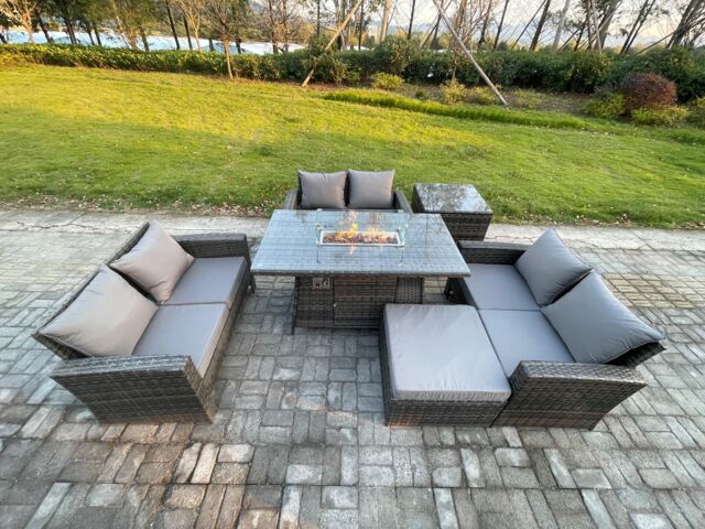 Fimous Outdoor Garden Dining Sets 7 Seater Rattan Patio Furniture Sofa Set with Gas Firepit Table Double Seat Sofa Side Table in Dark Grey - image 1