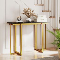 Gymax Console Table Modern Faux Marble Entryway Table Metal Frame in Gold - thumbnail 7