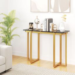 Gymax Console Table Modern Faux Marble Entryway Table Metal Frame in Gold - thumbnail 5