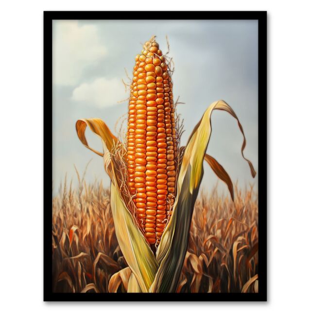 Artery8 Corn With Open Husk Field in Summer Painting Framed Art Print in Orange - Size: A4 - image 1