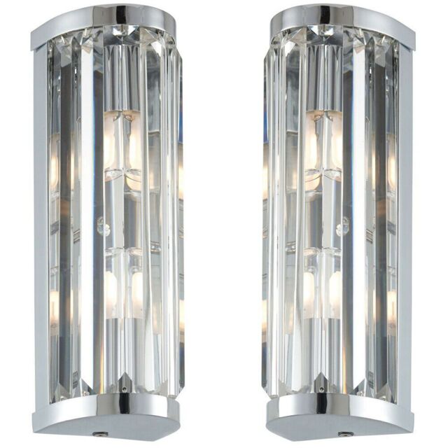 Loops 2 PACK IP44 Bathroom Wall Light Chrome & Crystal Round Glass Modern Jewel Lamp in Clear - image 1