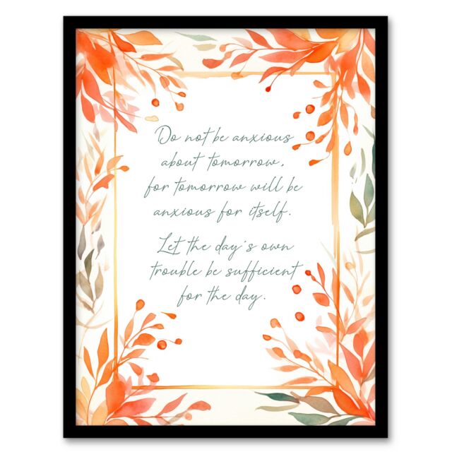 "Artery8 Wall Art Print Matthew 6:34 Live in the Moment Jesus Bible Quote Orange Framed Art - Size: W12"" x H16""" - image 1