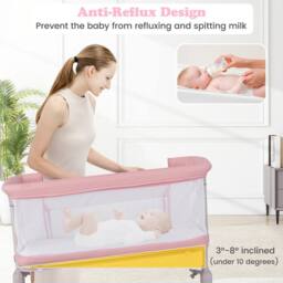 Gymax Bassinet for Infant Folding Bedside Crib 77-87CM Adjustable Height in Pink - thumbnail 5