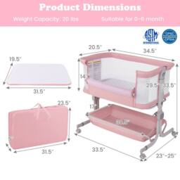 Gymax Bassinet for Infant Folding Bedside Crib 77-87CM Adjustable Height in Pink - thumbnail 2