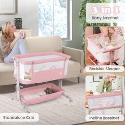 Gymax Bassinet for Infant Folding Bedside Crib 77-87CM Adjustable Height in Pink - thumbnail 4