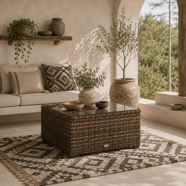 Wyld Haus Nolone Brown Rattan Outdoor Glass Top Side Table - image 1