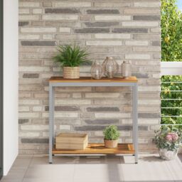 Berkfield Home Outdoor Table Natural&Grey 35x80x75 cm Solid Wood & Steel in Beige - Size: 35 x 80 x 75 cm - thumbnail 1