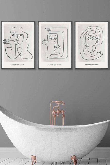 ARTZE Set of 3 Dark Grey Framed Grey Abstract Line Art Faces Wall Art in Light Grey - Size: W33 cm x H45 cm x D20mm - image 1