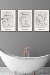 ARTZE Set of 3 Dark Grey Framed Grey Abstract Line Art Faces Wall Art in Light Grey - Size: W33 cm x H45 cm x D20mm - thumbnail 1