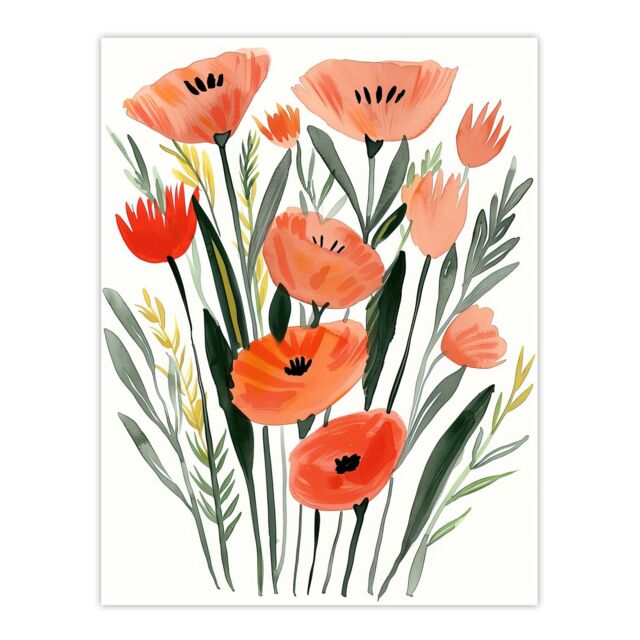 "Artery8 Abstract Wild Poppy Flowers Boho Floral Painting Wall Art Print in Pink - Size: W18"" x H24""" - image 1