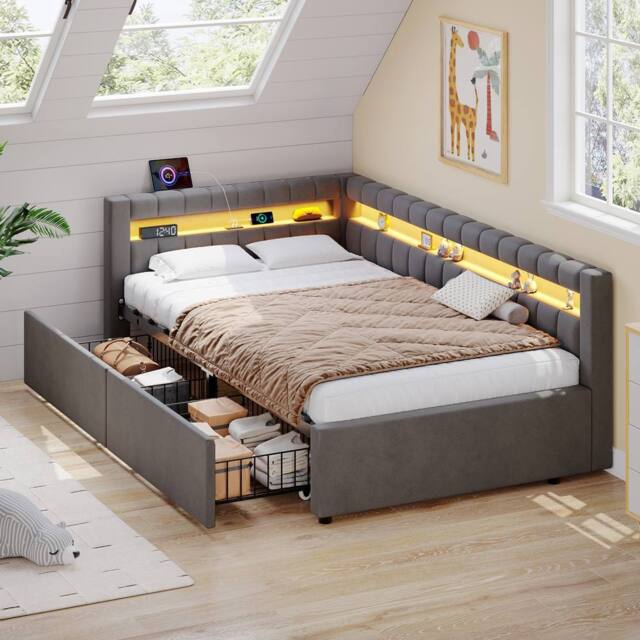 Merax 3ft Single Upholstered Corner Bed with LED, Charging Station & Drawers in Grey - image 1
