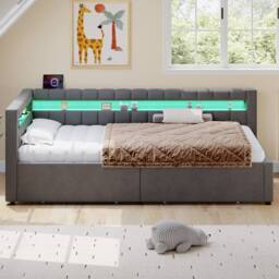 Merax 3ft Single Upholstered Corner Bed with LED, Charging Station & Drawers in Grey - thumbnail 5