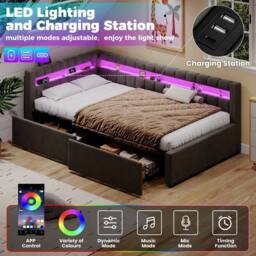 Merax 3ft Single Upholstered Corner Bed with LED, Charging Station & Drawers in Grey - thumbnail 9
