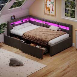 Merax 3ft Single Upholstered Corner Bed with LED, Charging Station & Drawers in Grey - thumbnail 3