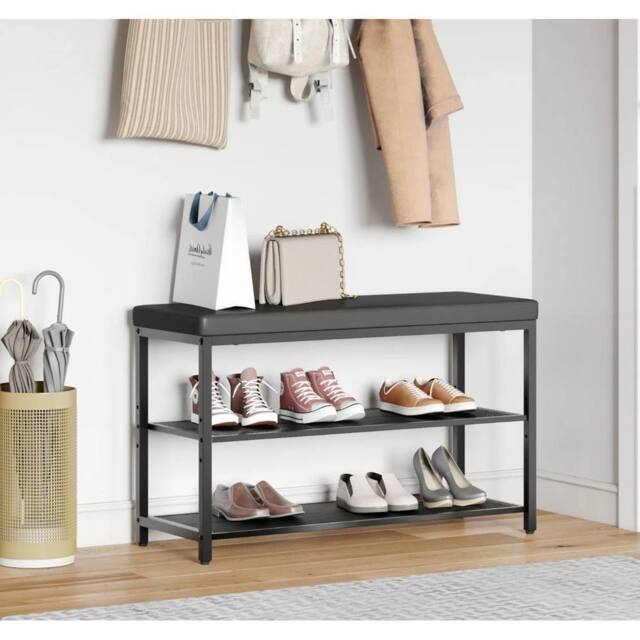 KORVIXA 60cm 3-tier Shoe Rack Bench Padded Cushion Seat in Black - Size: 100 cm - image 1