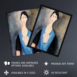 Artery8 Young Woman in Blue Portrait Modigliani Vintage Framed Wall Art Print in Grey - Size: A4 - thumbnail 2