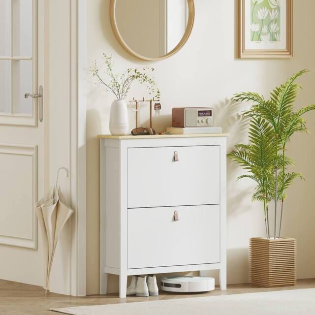 Wyld Haus Rimi White & Oak 2 Drawer Shoe Cabinet with Faux Leather Handles - image 1