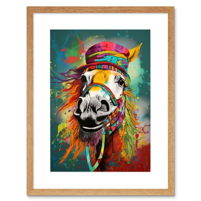 "Artery8 Wall Art Print Hippie Horse with Multicoloured Hat & Bridles Artwork Framed 9X7 Inch in Beige - Size: W7"" x H9""" - image 1