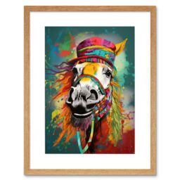 "Artery8 Wall Art Print Hippie Horse with Multicoloured Hat & Bridles Artwork Framed 9X7 Inch in Beige - Size: W7"" x H9""" - thumbnail 1