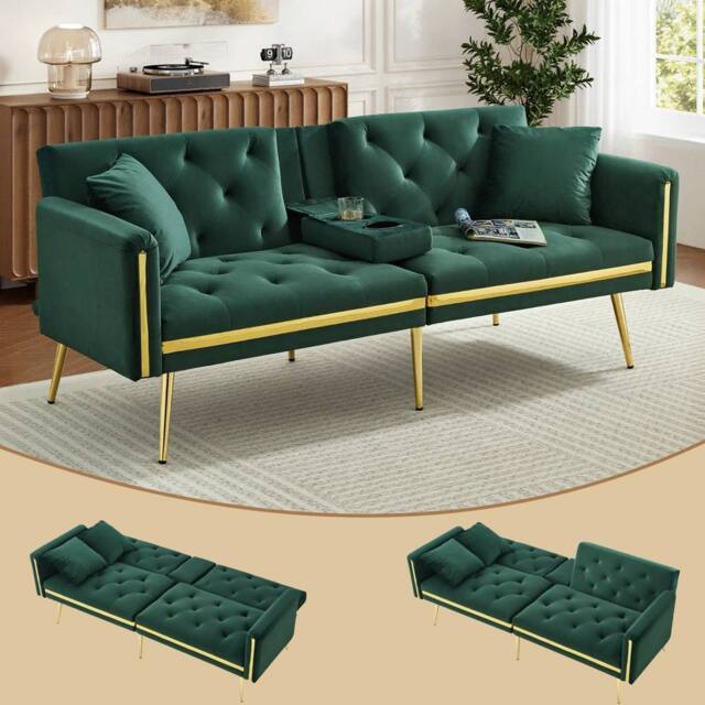 BTM Two seater sofa bed with adjustable backrest & cup holders in Green