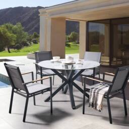 Wyld and Coco 120cm Round Garden Table - Black Aluminium Frame Taupe Glass Top - thumbnail 1