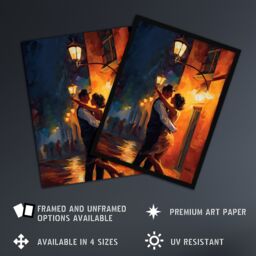 Artery8 Wall Art Print Dancing In The Street Light Oil Painting Orange Blue Lovers On A Date Night Out In Town First Kiss Bedroom Art Framed - thumbnail 2