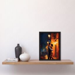 Artery8 Wall Art Print Dancing In The Street Light Oil Painting Orange Blue Lovers On A Date Night Out In Town First Kiss Bedroom Art Framed - thumbnail 4