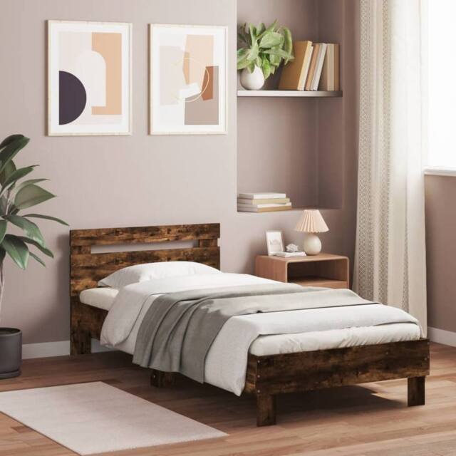Berkfield Home Durable Bed Frame without Mattress with LED Lights Smoked Oak 90x in Brown - image 1