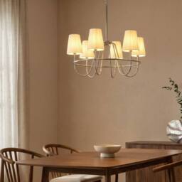 Wyld and Coco Six-Light Pendant Chandelier - Silver Fabric Shades