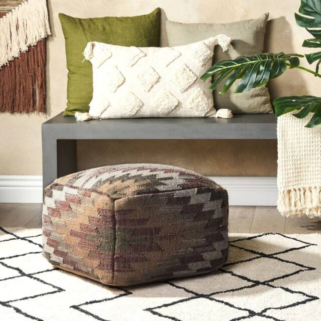 Wyld and Coco Multicolour Jute Wool Pouffe Handwoven Geometric Footstool in Beige - image 1