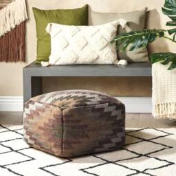 Wyld and Coco Multicolour Jute Wool Pouffe Handwoven Geometric Footstool in Beige - thumbnail 1