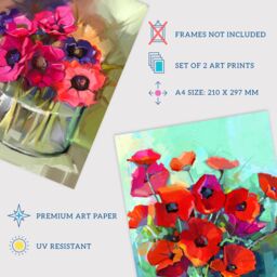 Artery8 Wall Art Print Pack of 2 A4 Red & Purple Poppy Flowers Bouquet Vase Floral Botanical Oil Painting Living Room s Set - thumbnail 4