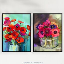Artery8 Wall Art Print Pack of 2 A4 Red & Purple Poppy Flowers Bouquet Vase Floral Botanical Oil Painting Living Room s Set - thumbnail 5