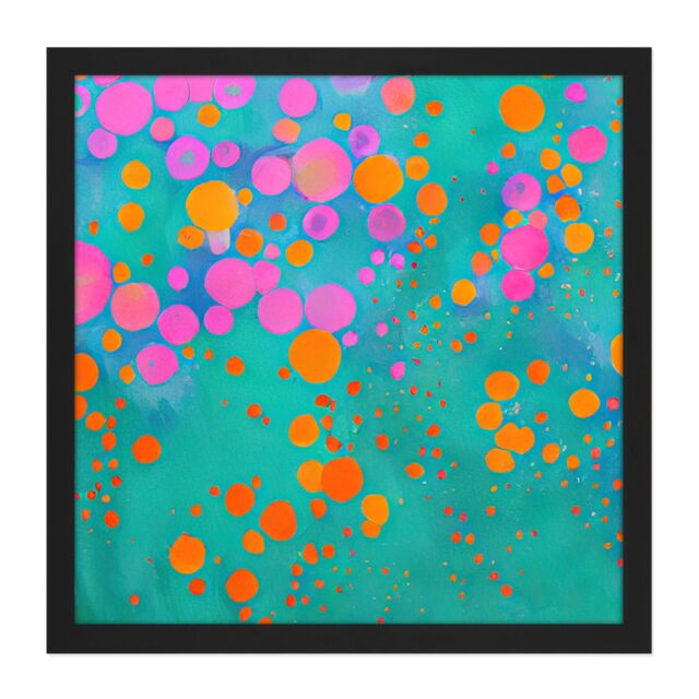 "Artery8 Wall Art Print Modern Abstract Pink Orange Circles On Teal Colourful Square Framed Picture 16X16 Inch in Black - Size: W16"" x H16""" - image 1