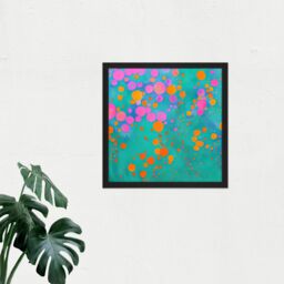 "Artery8 Wall Art Print Modern Abstract Pink Orange Circles On Teal Colourful Square Framed Picture 16X16 Inch in Black - Size: W16"" x H16""" - thumbnail 2