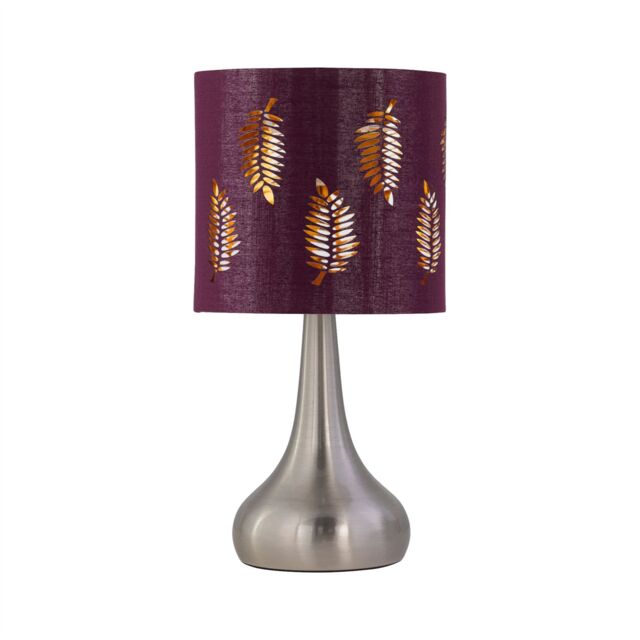 First Choice Lighting Romana - Brushed Chrome Touch Table Lamp with Burgundy Fern Shade in Silver - image 1
