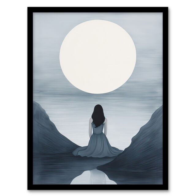 Artery8 Wall Art Print In Love with the Full Moon Monotone Elegant Grey Framed - Size: A4 - image 1