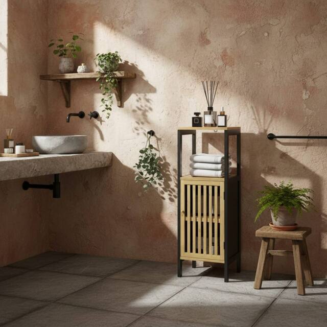 Wyld Haus Lettari Retro Bamboo Blend Bathroom Storage Cabinet Black & Natural - image 1