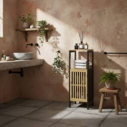 Wyld Haus Lettari Retro Bamboo Blend Bathroom Storage Cabinet Black & Natural - thumbnail 1