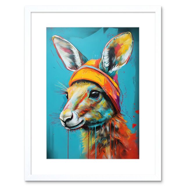 "Artery8 Wall Art Print Baby Kangaroo Joey Wearing Hat Teal & Orange Artwork Framed 9X7 Inch in White - Size: W7"" x H9""" - image 1