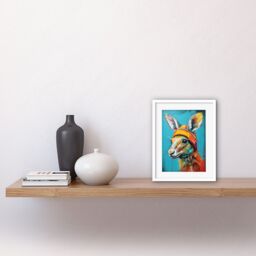 "Artery8 Wall Art Print Baby Kangaroo Joey Wearing Hat Teal & Orange Artwork Framed 9X7 Inch in White - Size: W7"" x H9""" - thumbnail 2