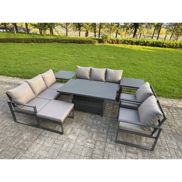 Fimous Aluminum 9-Seater Patio Set with Lifting Table, 2 Chairs, 2 Side Table in Dark Grey - image 1