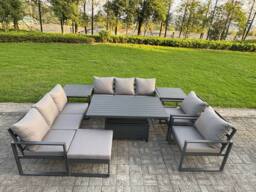 Fimous Aluminum 9-Seater Patio Set with Lifting Table, 2 Chairs, 2 Side Table in Dark Grey - thumbnail 2