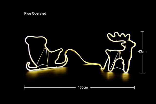 Shatchi Reindeer with Sleigh Neon Effect Rope Light Silhouette Double Side 90 Warm White LEDs in Yellow - image 1