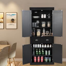 Costway Wood Tall Storage Cabinet 2 Doors Display Organizer Freestanding Pantry Cupboard in Black - thumbnail 4