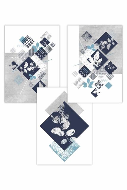 ARTZE Set of 3 Graphical Abstract Floral Navy Blue Grey Art Posters - Size: W50 cm x H70 cm - image 1