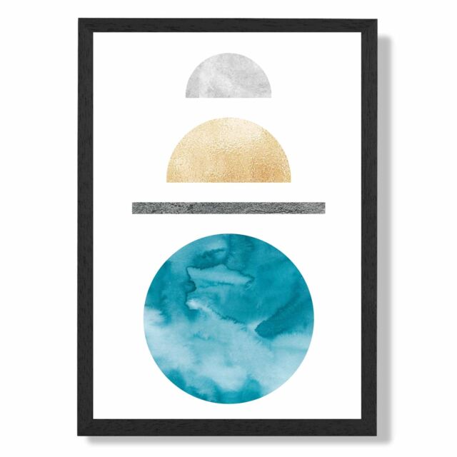 ARTZE Yellow & Aqua Circles Mid Century Geometric Framed Print SIZE: A4 with Black Frame - Size: A2 - image 1