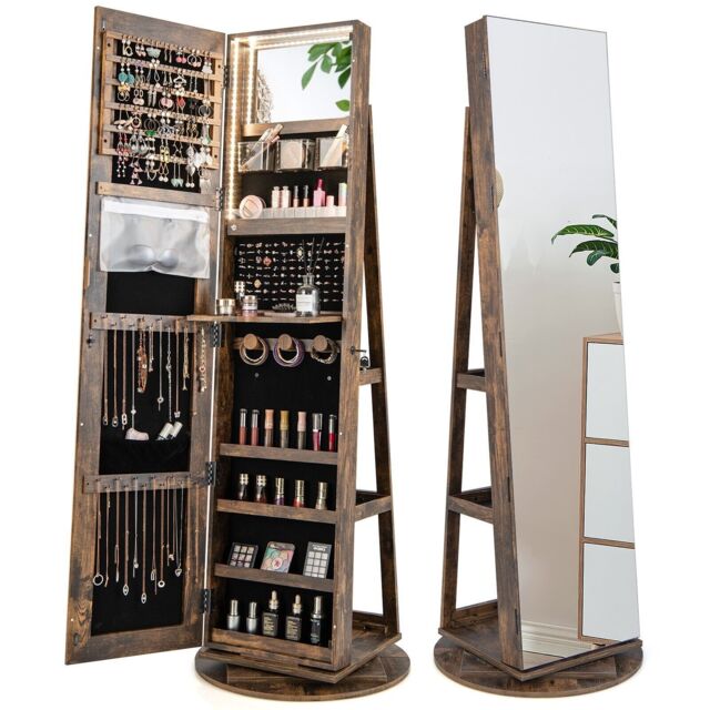Costway Rotating Jewelry Armoire Freestanding Jewelry Cabinet w/ Full Length Mirror in Brown - image 1