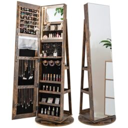 Costway Rotating Jewelry Armoire Freestanding Jewelry Cabinet w/ Full Length Mirror in Brown